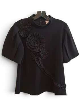 Chico's Black Short Sleeve Floral Rosette Top